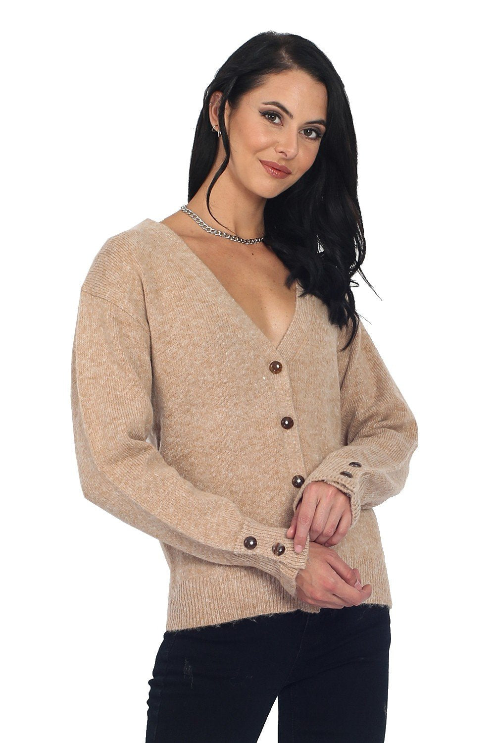 V-NECK CARDIGAN WITH BUTTONING TABS AND RUFFLED CUFFS