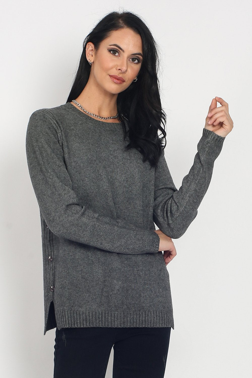 CREW NECK SWEATER WITH SIDE BUTTONS AND RIBBING