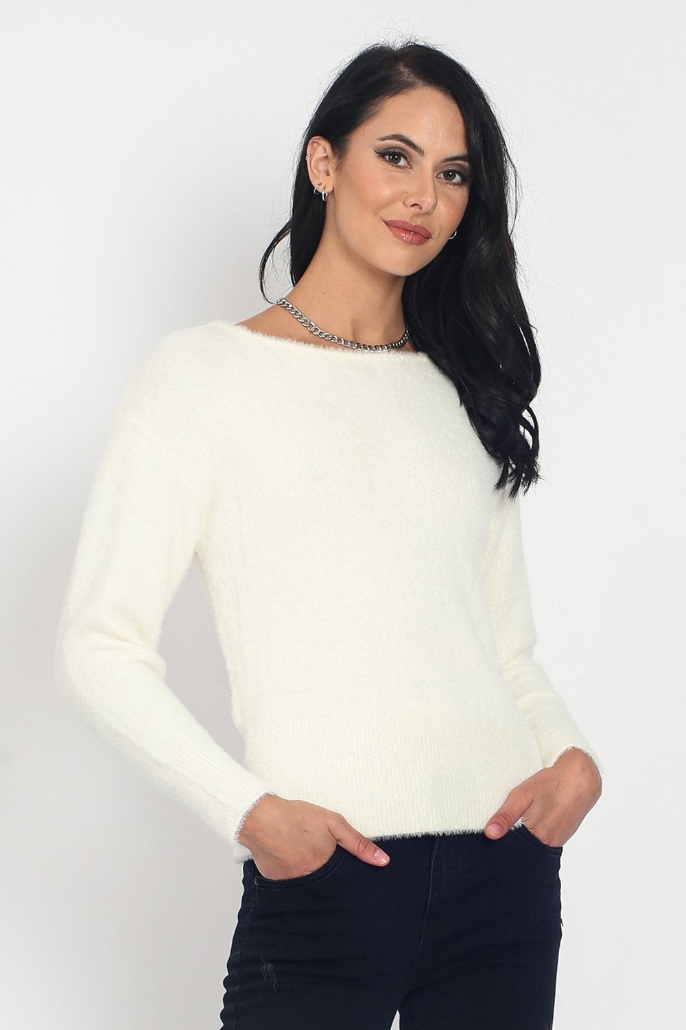 ROUND COLLAR SWEATER WITH LACED OPEN BACK