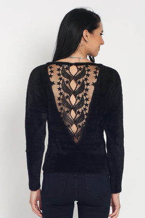 ROUND COLLAR SWEATER WITH LACED OPEN BACK