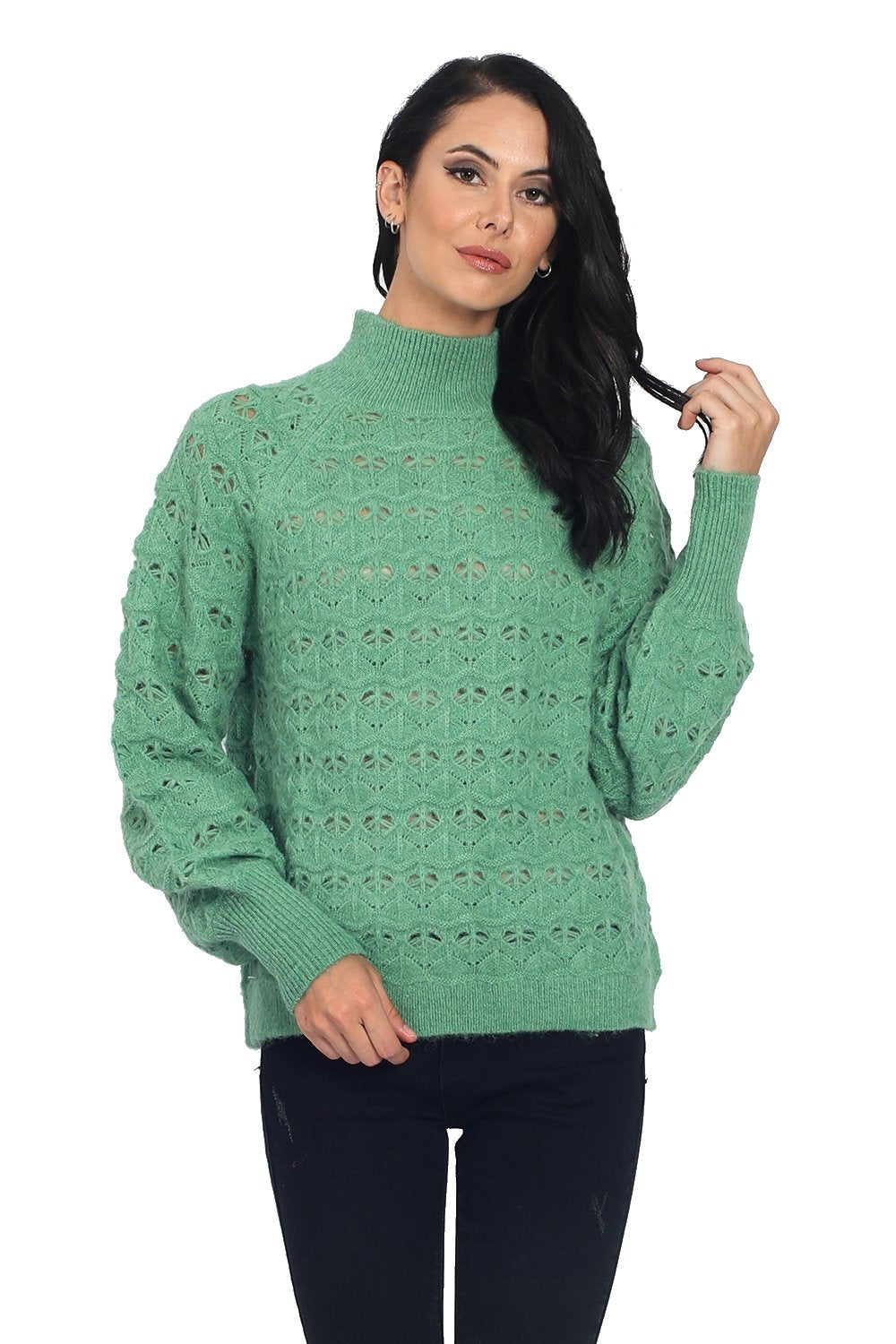 HIGH COLLAR SWEATER WITH HEAVY KNIT AND SLIGTHLY PUFFY SLEEVES