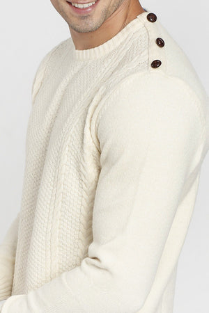 ROUND COLLAR SWEATER WITH CABLE KNIT AND BUTTONS ON SHOULDER