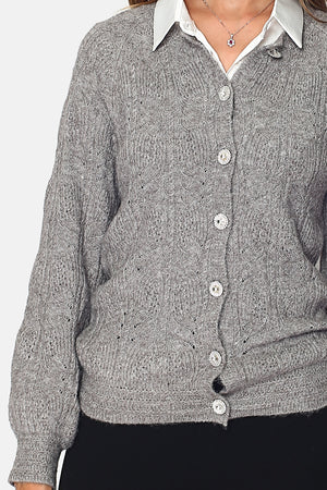Round neck cardigan Diamond buttons with long sleeves slightly puffy in fancy knitting