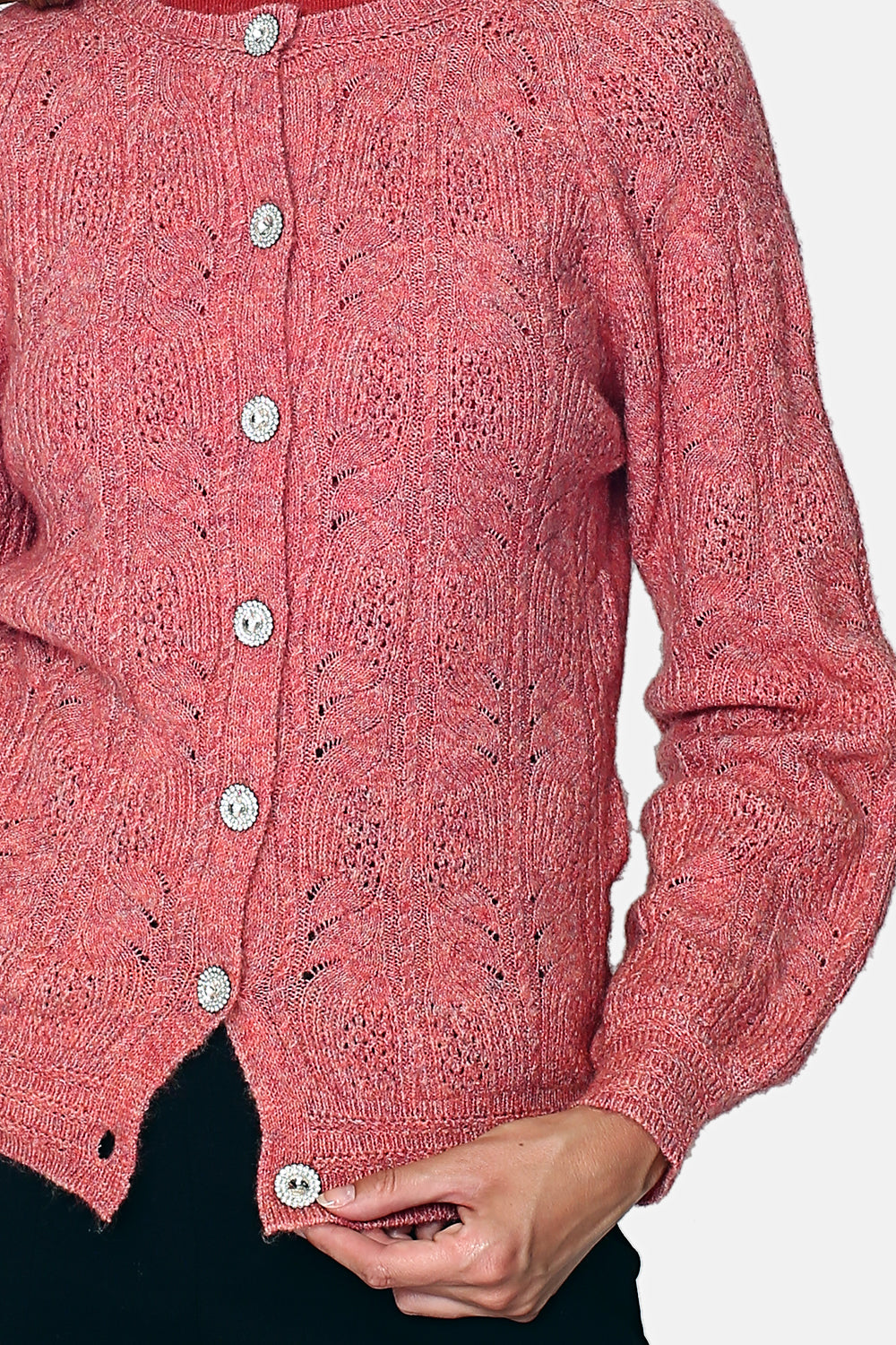 Round neck cardigan Diamond buttons with long sleeves slightly puffy in fancy knitting