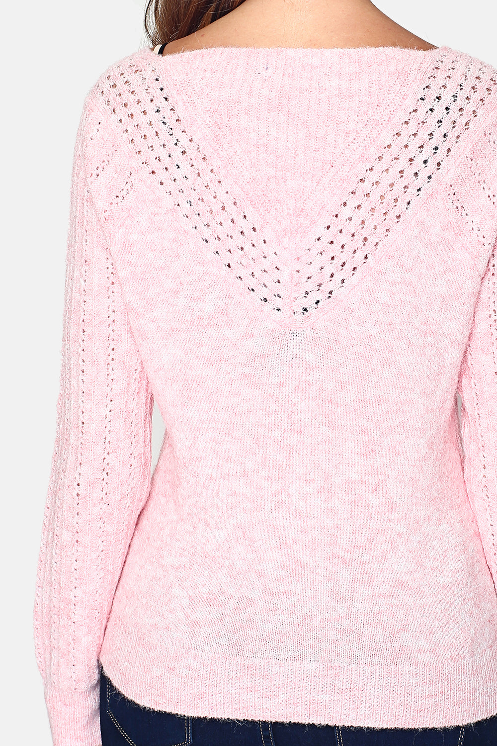 Sweater to wear with a V neckline in the front or back, long slightly puff sleeves in a fancy knit