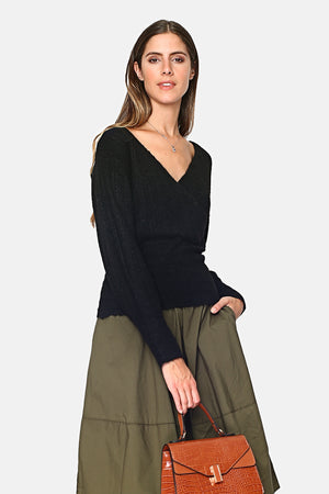 Wrap-style sweater with long slightly balloon sleeves, fancy knit