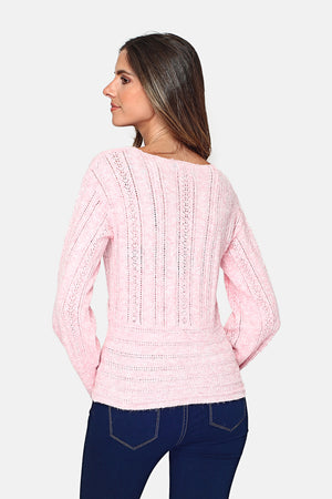 Wrap-style sweater with long slightly balloon sleeves, fancy knit