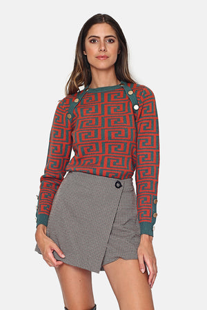 Fancy knit crew-neck sweater with buttoned shoulder