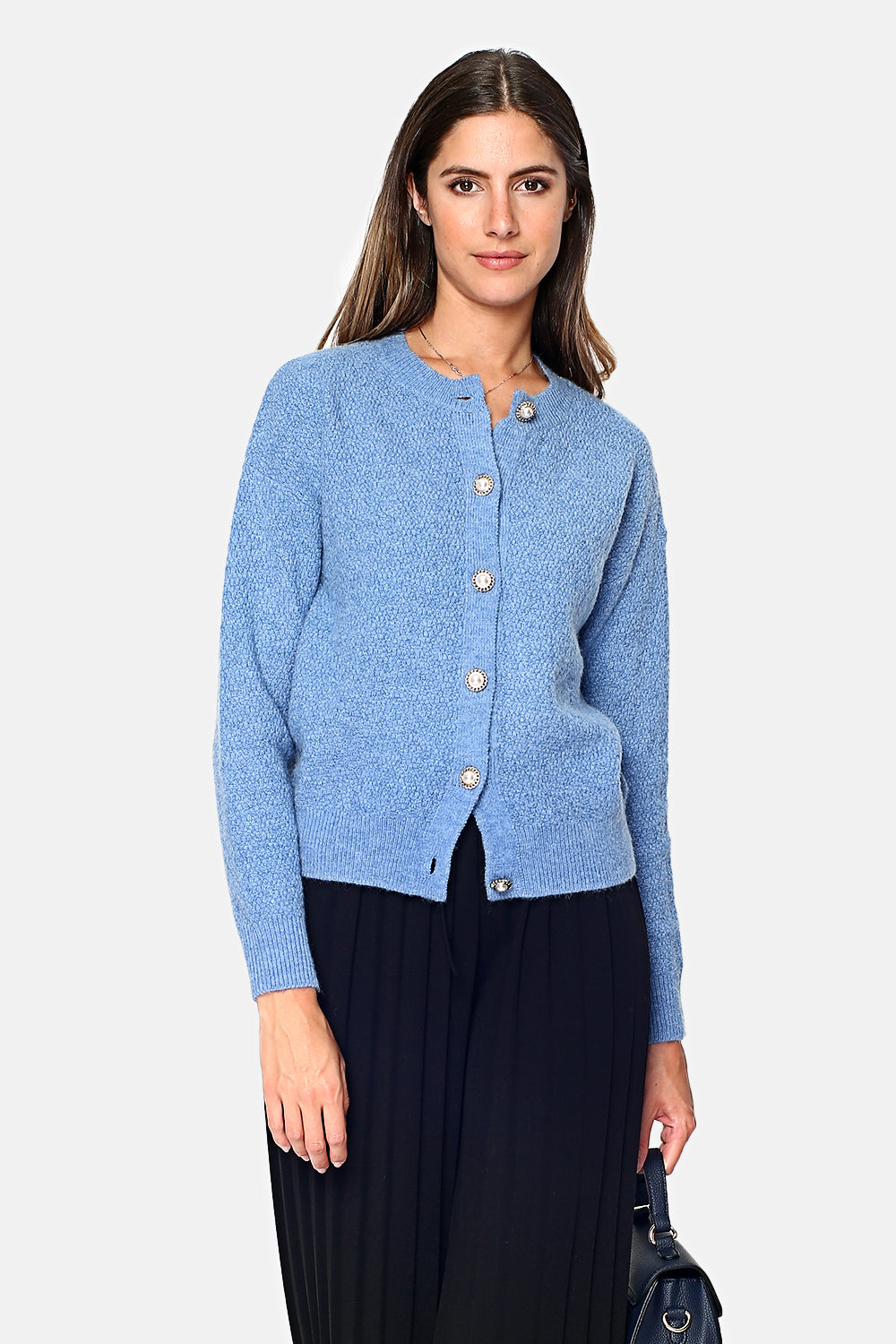 Fancy knit round neck cardigan with diamond buttons
