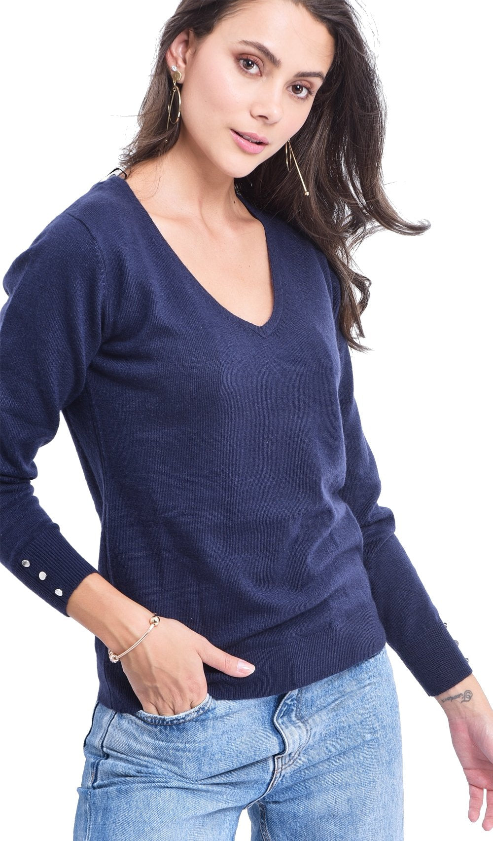 V-NECK BASIC SWEATER WITH BUTTONS ON SLEEVES