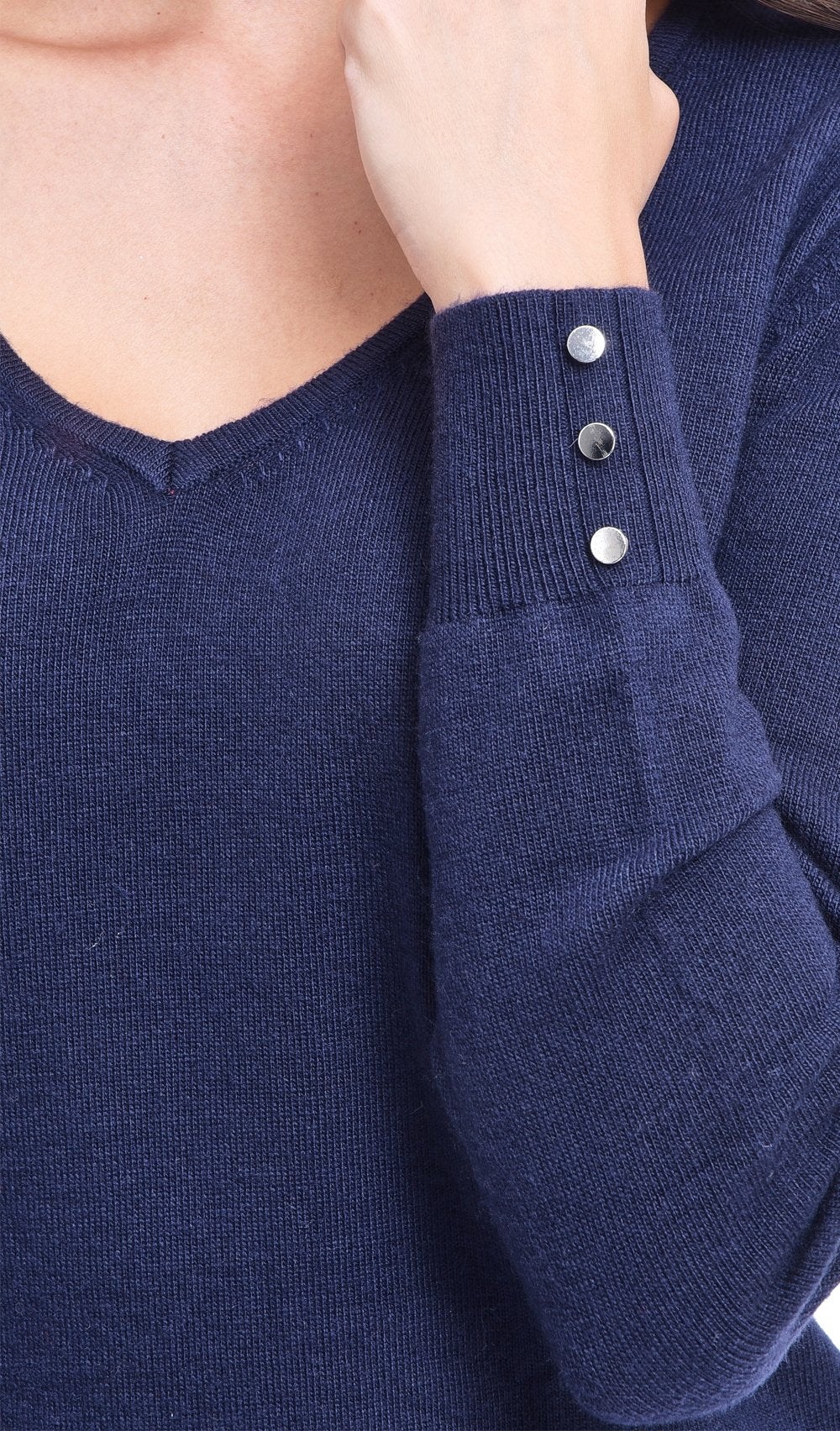 V-NECK BASIC SWEATER WITH BUTTONS ON SLEEVES