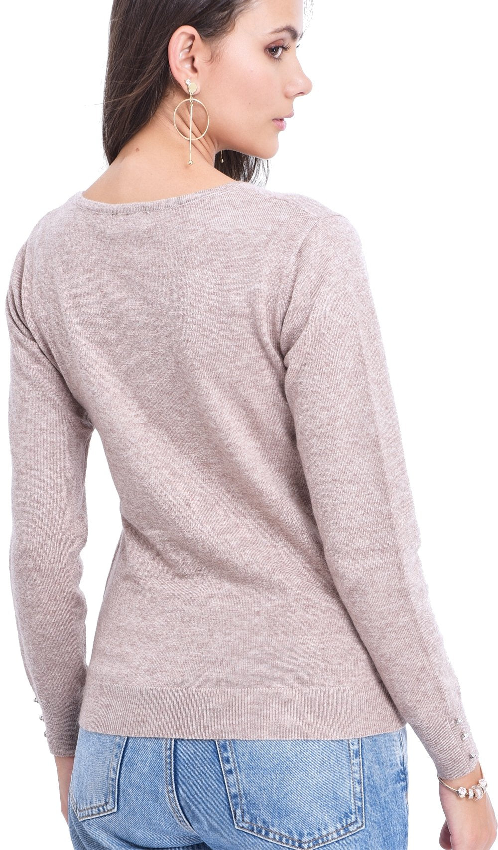 V-NECK BASIC SWEATER WITH BUTTONS ON SLEEVES