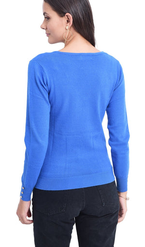 V-NECK BASIC SWEATER WITH BUTTONS ON SLEEVES