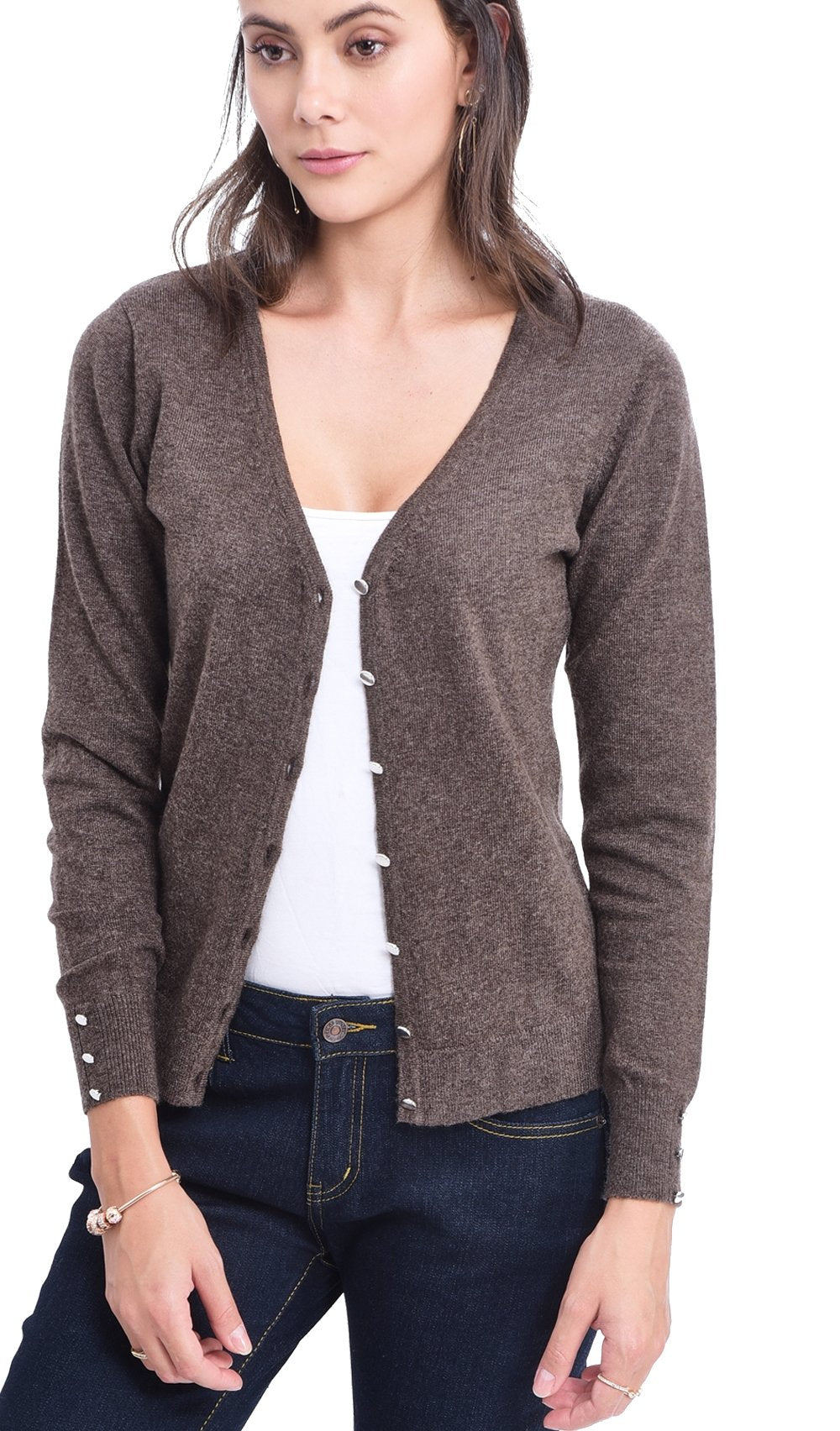 BUTTONED V-NECK BASIC CARDIGAN WITH BUTTONS ON SLEEVES