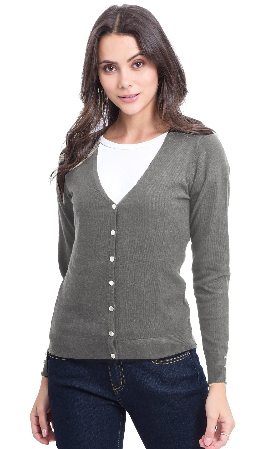 BUTTONED V-NECK BASIC CARDIGAN WITH BUTTONS ON SLEEVES