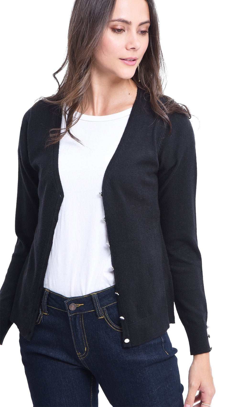 BUTTONED V-NECK BASIC CARDIGAN WITH BUTTONS ON SLEEVES