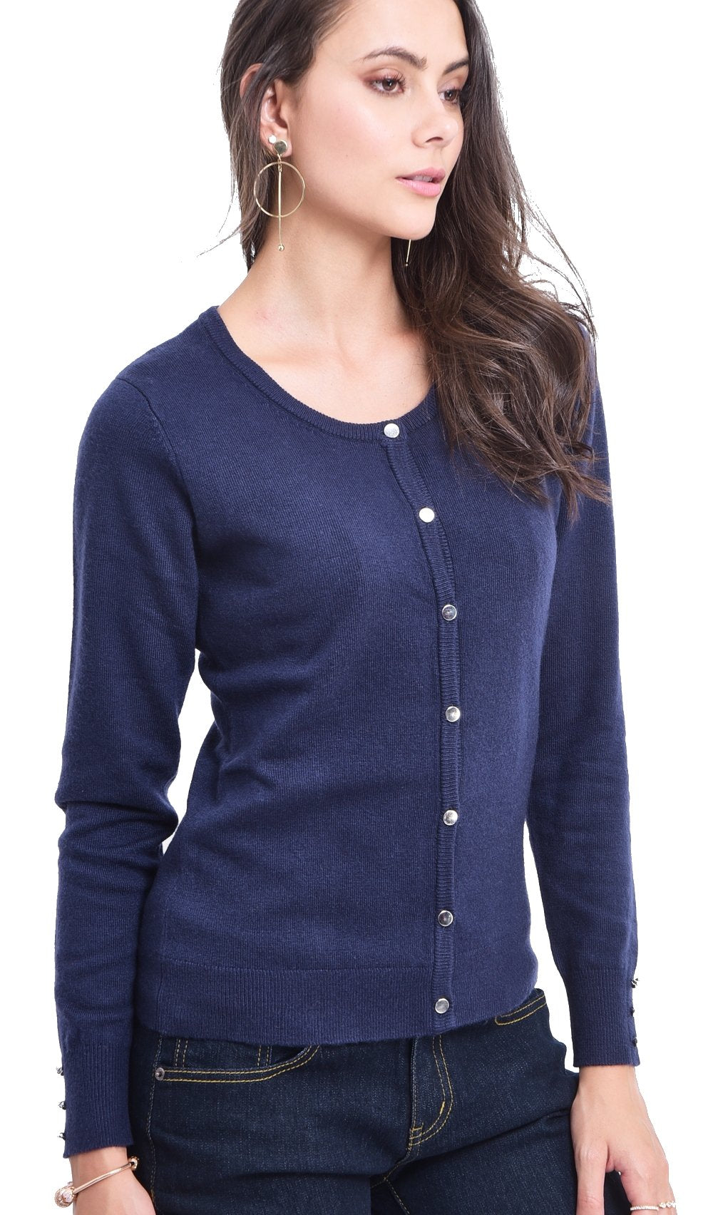 BUTTONED ROUND COLLAR BASIC CARDIGAN WITH BUTTONS ON SLEEVES