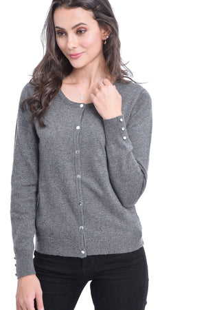 BUTTONED ROUND COLLAR BASIC CARDIGAN WITH BUTTONS ON SLEEVES