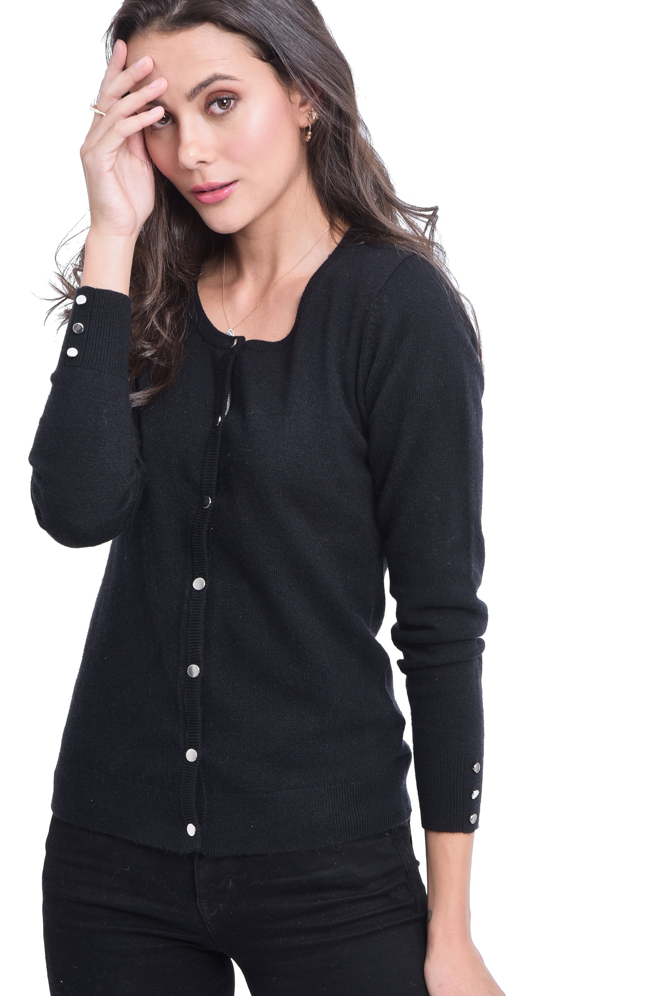 BUTTONED ROUND COLLAR BASIC CARDIGAN WITH BUTTONS ON SLEEVES