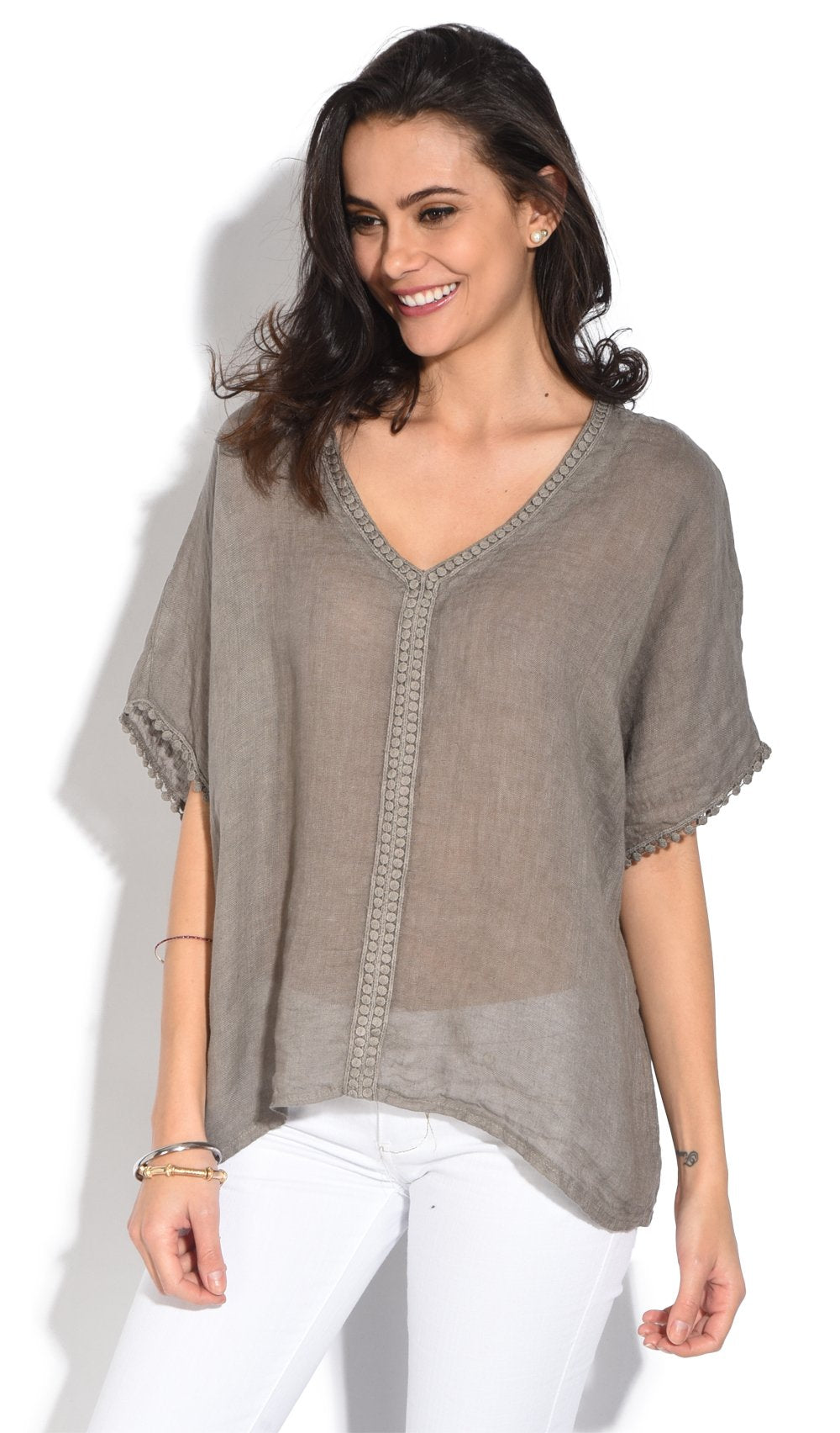 SEMI-TRANSPARENT TOP WITH V-NECK AND ENGLISH LACE