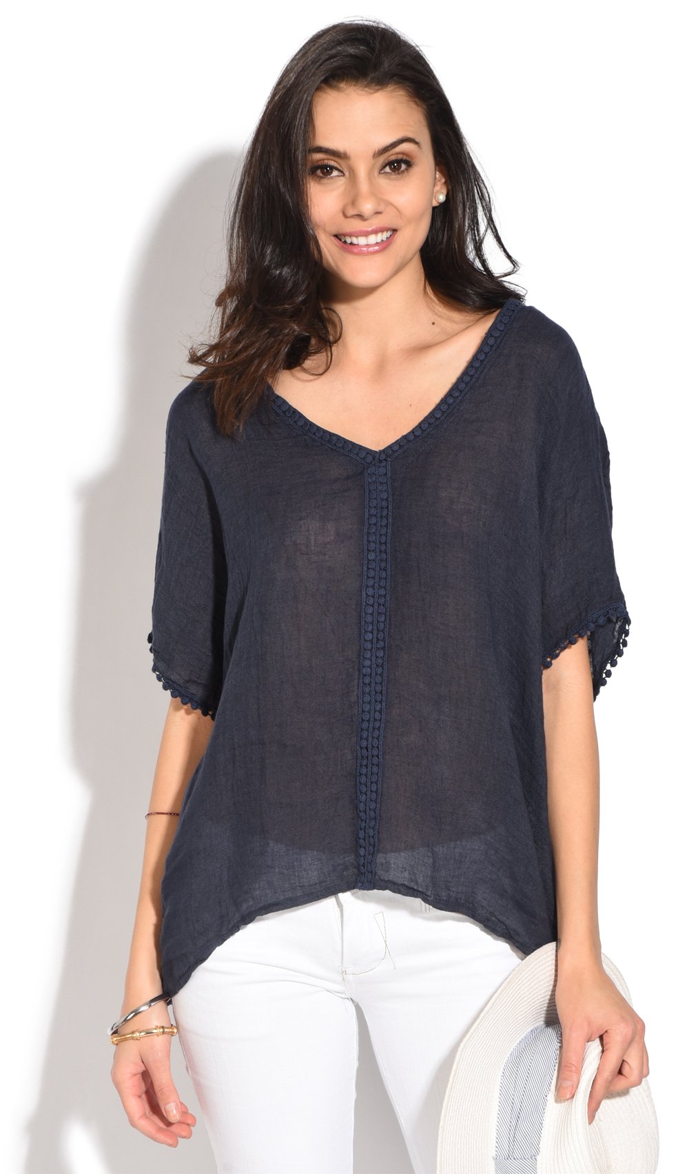 SEMI-TRANSPARENT TOP WITH V-NECK AND ENGLISH LACE