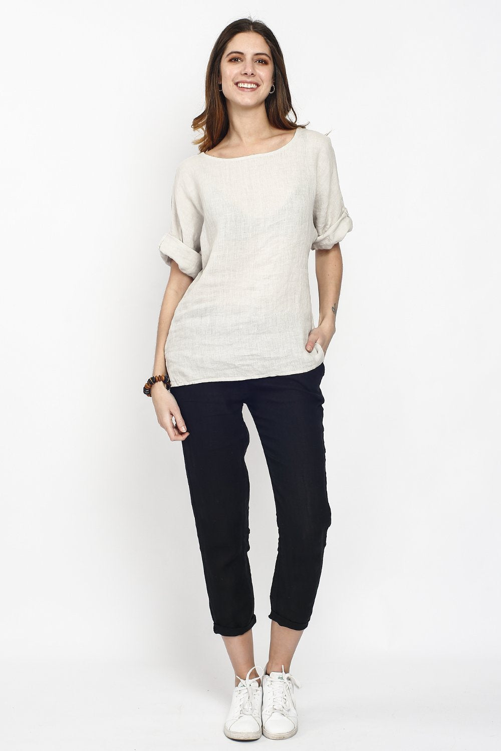 WIDE ROUND COLLAR LINEN TOP WITH ATTACHABLE SLEEVES