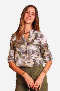 Military Design Print Shirt with Pockets