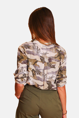 Military Design Print Shirt with Pockets