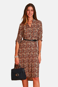 Leopard Print Dress Tunisian collar long sleeves fancy belt