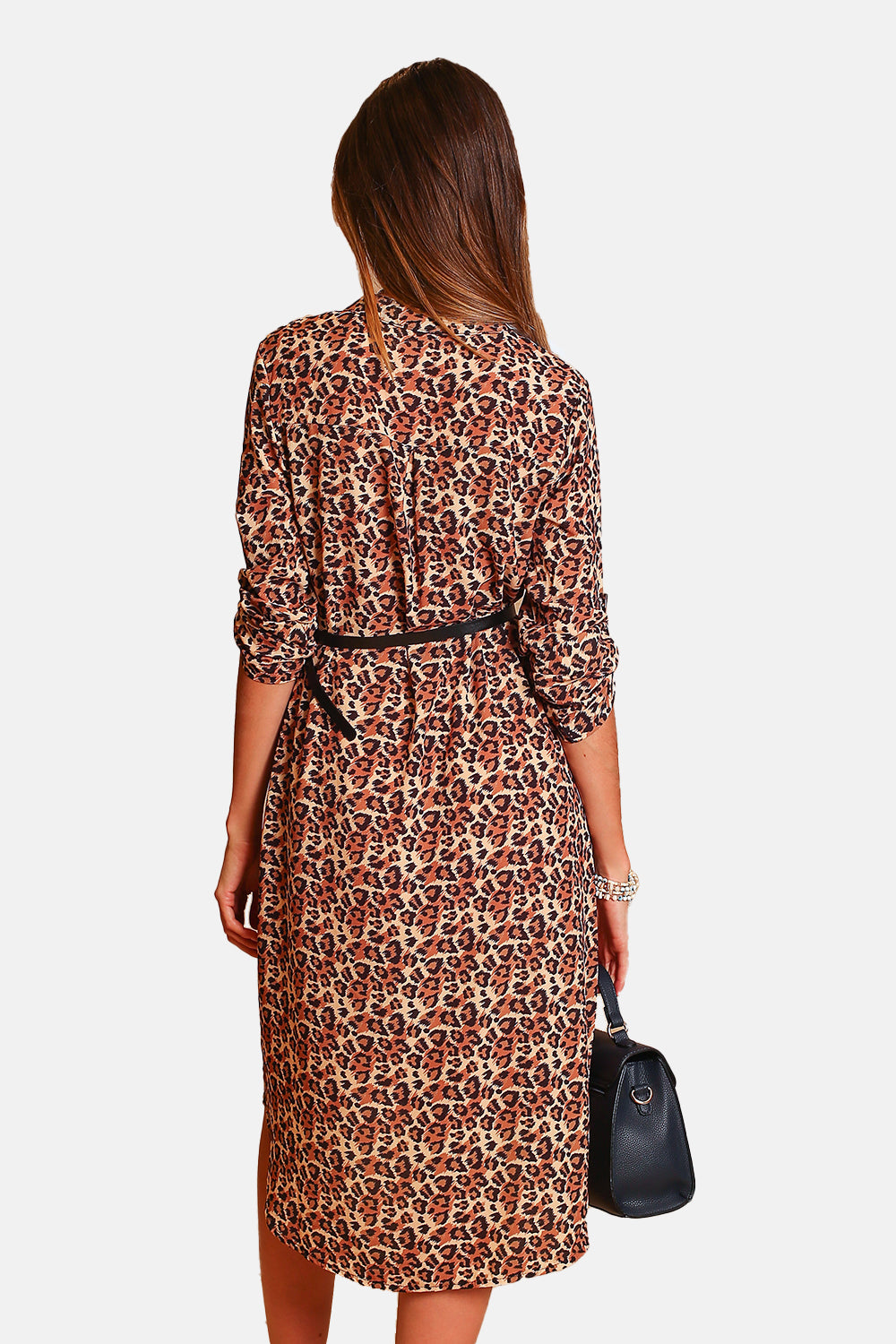 Leopard Print Dress Tunisian collar long sleeves fancy belt