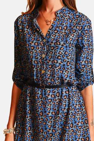 Kleid mit Leopardenmuster, tunesischer Kragen, lange Ärmel, schicker Gürtel