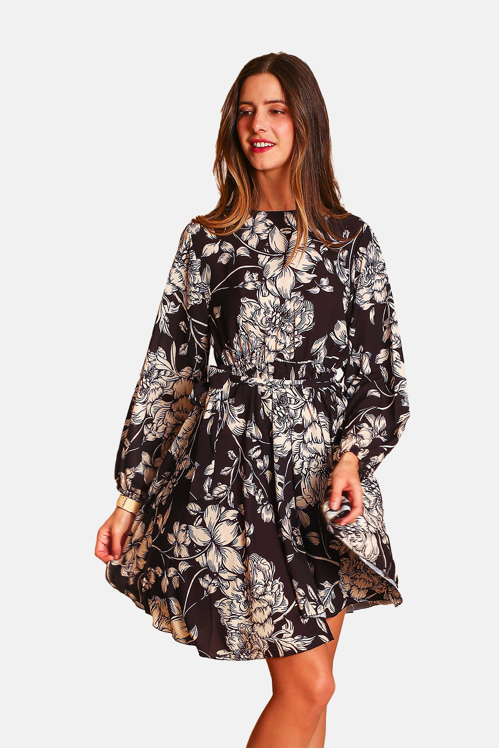 Design Print Dress with Long Sleeve Pockets