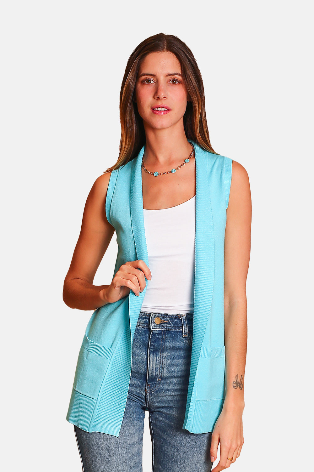 Long shawl collar cardigan with front pockets without sleeves