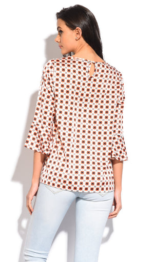 ROUND COLLAR TOP WITH PRINTED PATTERN AND RUFFLED SLEEVES