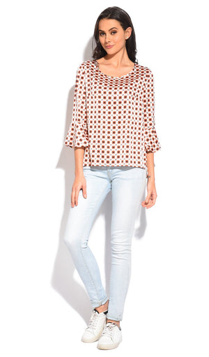 ROUND COLLAR TOP WITH PRINTED PATTERN AND RUFFLED SLEEVES