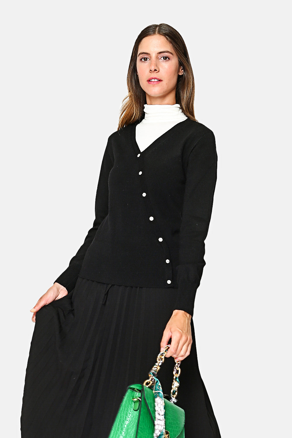 V-neck sweater, crossed with fancy buttons on the front