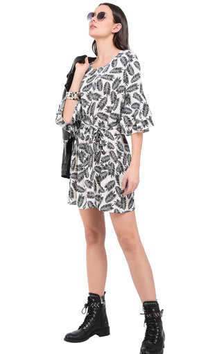 SHORT ROUND COLLAR DRESS WITH BI-COLORS PRINT AND RUFFLED HALF-SLEEVES
