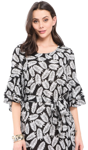 SHORT ROUND COLLAR DRESS WITH BI-COLORS PRINT AND RUFFLED HALF-SLEEVES