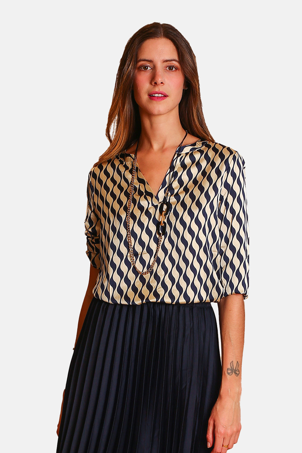 Tunisian collar top with designer printed mid-length sleeves