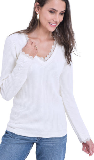 V-NECK SWEATER WITH ENGLISH LACE AND BUTTONS ON SLEEVES