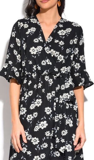 SHORT FLORAL PRINT DRESS WITH BELTED HEART-CACHE AND HALF RUFFLED SLEEVES